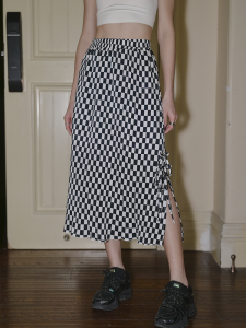 High Waist Plaid Half Skirt Womens Summer 2024 New Style A-Line Midi Skirt Side Slit Bodycon Trendy Polyester Fiber