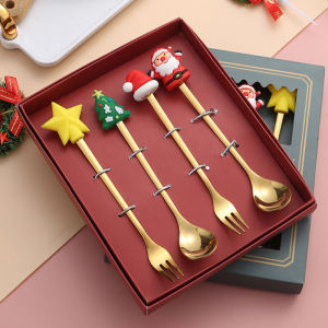 ช้อนสแตนเลสต้นคริสต์มาสหัวกวางกาแฟผสมช้อนของหวานผลไม้ส้อมบ้านตกแต่งคริสต์มาสบนโต๊ะอาหารของขวัญ
