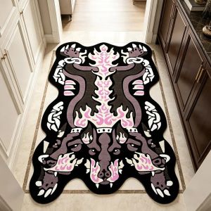 Cerberus Three Headed Dog Irregular Shaped Area Rug Flame Chain Print Non‑Slip Floor Mat for Living Room Bedroom Home Decor