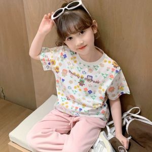 Cute Cartoon Short Sleeve Pure Cotton T-Shirt for Girls Summer New Style Children Trendy Brand Fresh Base Shirt Standard Fit Digital Print