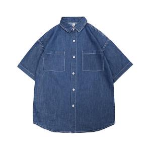 Men Retro Distressed Double Pocket Workwear Short Sleeve Denim Shirt Mens Trendy Loose Trendy Thin Non-Ironing Shirt