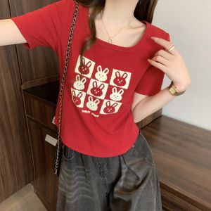 Áo Thun Cotton in Họa Tiết Mùa Hè Dáng Rộng Cỡ Lớn Cổ Chữ U Tay Ngắn Cho Nữ Áo Thun Cotton Thoải Mái Thoáng Khí