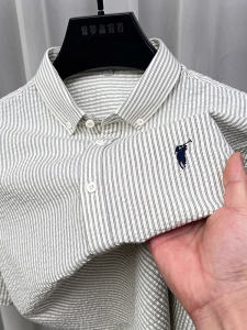 Áo Sơ Mi Nam Tay Ngắn Chất Lượng Cao Cấp Bằng Cotton Nguyên Chất Thêu Hoa Mỏng Sọc Dọc Xếp Ly Tay Lửng Áo Sơ Mi Mùa Hè