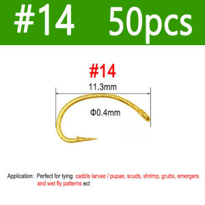 Bimoo 50pcs 100pcs #10 #12 #14 #16 Golden Curved Nymph Fly Tying Hook Scud Shrimp Pupae Larvae Caddis Emerges Trout Fishing Lure