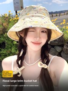 Cgediao | Cute Japanese Floral Double-Sided Fishing Hat Big Brim UV Protection Slim Face Summer