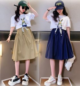 Girls Summer Outfit Set Dress Two Pieces Cute Korean Style School Uniform Wind Cotton Half Skirt A-Line Skirt Child Medium Large
