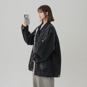 Black Oversize Workwear Jacket Womens Casual Style Fleece Lined Cotton Denim Coat Spring Autumn Fashion Mens Top