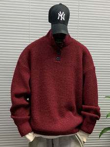 Mens Knitted Sweater High Collar Thickened Loose Winter Design Sense Warm Red Color for New Year Casual Youth Fashion