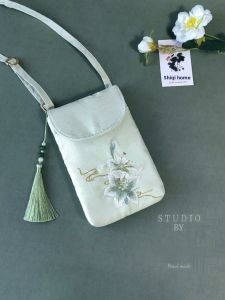 Embroidered Crossbody Phone Bag Womens Summer Versatile Mini Cloth Bag Commute Artistic Double Pocket Mobile Phone Pouch