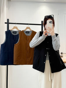 Double Pocket Quilted Cotton Vest Large Size Winter New Style Retro Loose Small round Neck Layering Vest Cotton Coat Jacket