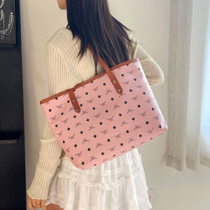 FQ1 Vintage PU Tote Bag for Woman Large Open Top Shoulder bag Retro Print Travel Satchel QF1