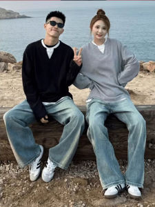 Couple American Style Patchwork V-neck Faux Two-piece Sweater