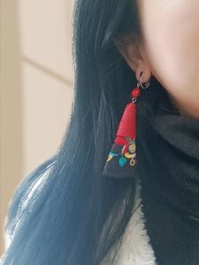 Original Design Embroidered Long Ethnic Style Earrings Cotton Linen Fabric Art Photography Travel Personalized Accessory Pair