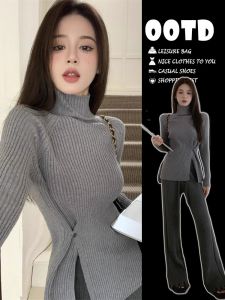 เสื้อถักแขนยาวคอสูงครึ่งตัวสำหรับผู้หญิงในฤดูใบไม้ร่วงและฤดูหนาว เสื้อชั้นในมีซิปด้านข้างแบบไม่สมมาตร เสื้อคลุมกันหนาวที่สวมใส่สบายและอบอุ่น