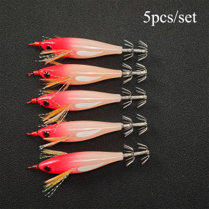 5pcs/set Horizontal Squid Jig Egi SetGlow Squid Jig KitWood Shrimp LuresArtificial Bait for Squid Octopus Cuttlefish
