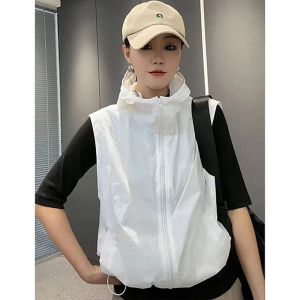 New 2025 Casual Hooded Solid Color Slimming Fashion Zipper Sun Protection Breathable Vest Thin Outerwear Trendy Short Coat