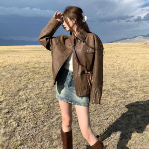 YUEZHONGWEI | Vintage Brown PU Leather Jacket Women Short
