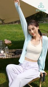 FUYOGI Jacquard Jacket Women Loose Hooded Zipper Sun Protection Breathable Quick Drying Yoga Running Fishing Badminton Tennis Sports Outdoor