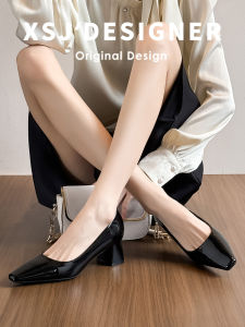 LIQIXIEFANG | Faux Patent Leather Square Toe Black High Heels Coarse Mid Heel Dress Shoes