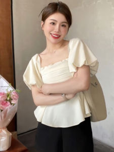 Slightly Oversized Girls Slim Looking Pure Desire off-Shoulder Short Sleeve Shirt T-shirt Womens Summer Plus Size Belly Covering Puff Sleeves Smocking Shirt