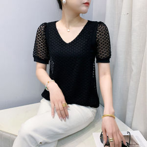 YIMEI เสื้อลายลูกไม้ขนาดใหญ่สำหรับผู้หญิงชุดสไตล์เกาหลีสำหรับผู้หญิงสวยสำหรับฤดูร้อน2025คลุมหน้าท้องเสื้อสีดำ