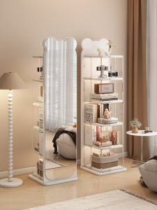 Rotatable and Movable Wooden Full-body Standing Mirror with Storage and Bookshelf