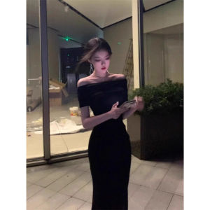 Elegant French Style Short Sleeve Black One Shoulder Dress Womens High Waist Skirt Summer New Fashion Streetwear Midi Dress