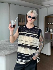 American Retro Striped Hollow Knitted Vest Mens Lazy Style Trendy Loose Layering Sweater over Vest Summer Casual T-Shirt