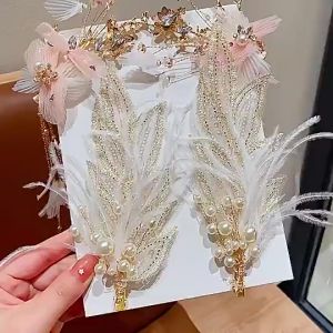 YADORNOS 1 Buah-Jepit Rambut Daun Bulu-Kain Jahitan Tangan-Jepit Samping Fashion Wanita-Aksesori Pernikahan