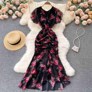 Elegant 2024 New Womens Printed Chiffon Dress Slimming Fish Tail Gown with Lace Hem Korean Style V Neck High Waist Long Summer Dress