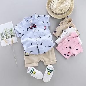 Uniqkids 100% cotton Boys Crown Short Sleeve suit cartoon pattern childrens two-piece shirt