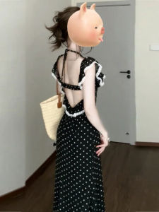 CHANGTONG | French Style Unique Beautiful Halter Neck Polka Dot Long Dress With Lace Trim Hugging Body Summer Fashion Elegant Gown