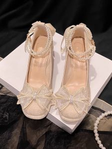 Giày Cao Gót Mary Janes Kiểu Pháp Có Nơ Bướm Bằng Vải Satin Cho Nữ Giày Cao Gót Đế Dày Thoải Mái Giày Đơn Cho Cô Dâu Giày Đính Nhẫn Cưới Màu Sâm Panh