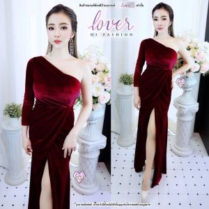 ชุดออกงาน ชุดราตรี ชุดเดรสกำมะหยี่ เดรสออกงาน บายเนียร์ เพื่อนเจ้าสาว ผ้ากำมะหยี่ ทรงแขนยาวข้างเดียว (รหัสM21)