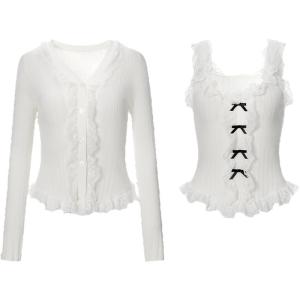 TAMMY TANGS | เสื้อสเวตเตอร์ถักแขนยาวสองชิ้นสีขาวพร้อมขอบลูกไม้สไตล์นางฟ้าสำหรับผู้หญิงในฤดูใบไม้ผลิและฤดูใบไม้ร่วง