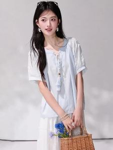 puella | Summer French Style Embroidered Tassle Lace-up Shirt