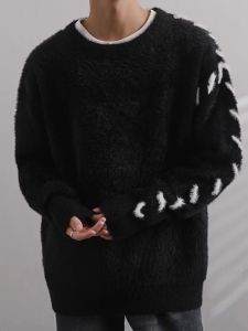 เสื้อสเวตเตอร์คอตั้งทรงหลวมสำหรับผู้ชาย ขนกระต่ายหนา อบอุ่น แฟชั่นฤดูใบไม้ร่วง/ฤดูหนาว เสื้อถักแบบสวมหัว