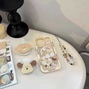 Korean Cartoon Puppy Magnetic Bracket Phone Case For iPhone 17 16 14 11 13 12 15 Pro Max With Chain Clear Shockproof Hard Cover
