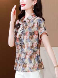 เสื้อเชิ้ตผู้หญิงแขนสั้นลายดอกไม้ ทรงเข้ารูป ทรงสลิมฟิต ปกโปโล คอโปโล แขนยาวปกติ เสื้อผ้าทำงานสไตล์เกาหลี