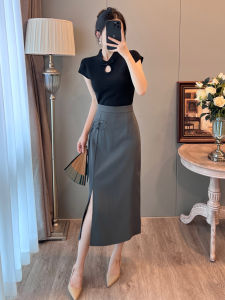 Retro Chinese Style Black Top And Asymmetrical Skirt Set Womens Summer 2024 New High-end Dress Elegant Chic Two-piece Outfit