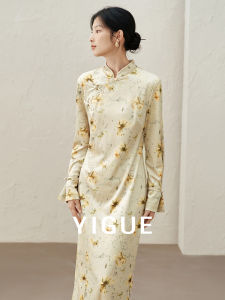 Yigue | Custom Printed Silk Velvet Cheongsam Dress
