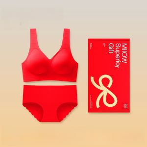 miiow | Red Wedding Underwear Set Womens Seamless Gathered Bra And Panties Gift Box Lucky Year Design Comfortable Nylon Fabric