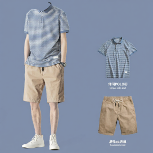 Wood soon | Mens Summer Striped Loose Short-Sleeve Polo Shirt and Shorts Set