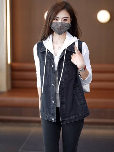 Black Denim Vest Womens Short Casual Outerwear Spring Autumn Loose Fit with Pocket Trendy Shoulder Coat Cotton Blend Polo Collar