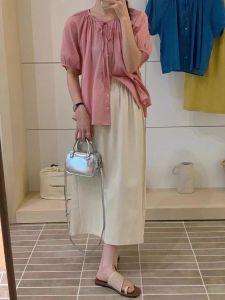 กระโปรงทรงเอเอวสูงผ้าลินินผสมคอตตอนสีชมพู ทรงหลวม ทรงตรง ทรงสลิมฟิต กระโปรงยาวคลุมเข่า ฤดูร้อน 2024