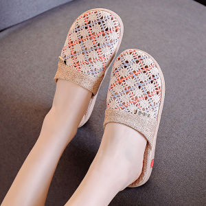 ผู้หญิง รองเท้าแตะครึ่งย้อนยุคใช้ในบ้านด้านล่างแบนหนาด้านล่างเงียบ น้ำหนักเบา กันลื่น ฤดูร้อน รองเท้าแตะส่วนบนวัสดุตกแต่งบ้าน