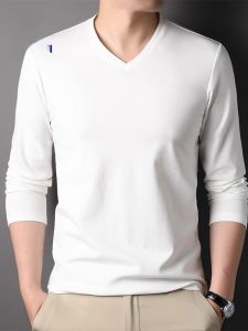 ROMON | Romon Long Sleeve Silk T-Shirt Mens Casual V-Neck Base Shirt Trendy Autumn New Style White Comfortable Soft Polyester Cotton Blend