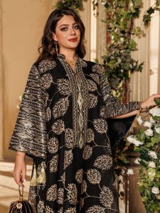 Muslim Womens Black Islamic Embroidered Abaya with Gold Detailing Ideal for Formal Occasions in Middle East like UAE and Saudi