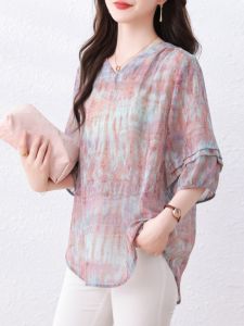 September Stray Ink Colorful V-Neck Printed 5/7 Sleeve Womens Shirt Summer New Casual Loose Top Sweet Style Loose Fit