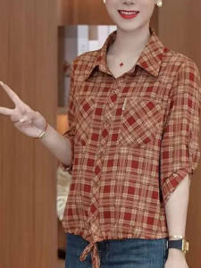 Áo Sơ Mi Kẻ Caro Dáng Rộng Mùa Xuân Hè Cho Nữ Áo Khoác Ngoài Dài Tay Cổ Polo Chất Liệu Khác Thường Ngày Trẻ Trung Thời Trang